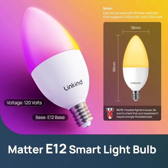 Matter Smart Bulbs, E12 Led Bulb Works with Alexa/Apple Home/Google Home, Smart Light Bulbs, WiFi Candelabra B11 Bulbs, RGBTW Color Changing Light Bulb, 2.4Ghz WiFi Bulb, 470 LM 4 Pack