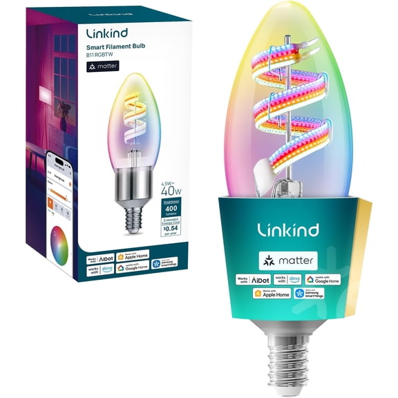 Matter Smart Bulbs, E12 Led Edison Bulb, Smart Filament Bulbs, WiFi Candelabra B11 Bulbs, RGBTW Color Changing Light Bulb, FCC Listed, 2.4Ghz Only, 400LM, 1 Pack