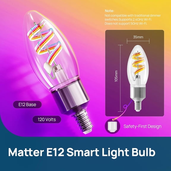 Matter Smart Bulbs, E12 Led Edison Bulb, Smart Filament Bulbs, WiFi Candelabra B11 Bulbs, RGBTW Color Changing Light Bulb, FCC Listed, 2.4Ghz Only, 400LM, 1 Pack