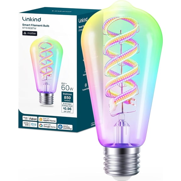 Matter Smart Bulbs, ST19/ST58 Led Bulb Works with Alexa, RGBTW Smart E26 Light Bulbs, 2.4Ghz WiFi Bulbs Color Changing, FCC Listed, 850LM, 1 Pack