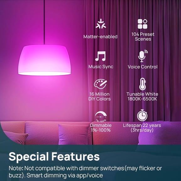 Matter Smart Light Bulb, 1100LM 75W Smart Bulbs Work with Alexa/Apple Home/Google Home/SmartThings, RGBTW  Color Changing Bulbs Music Sync, 2.4GHz Wi-Fi Light Bulbs  11W, A19 E26, 4Pack