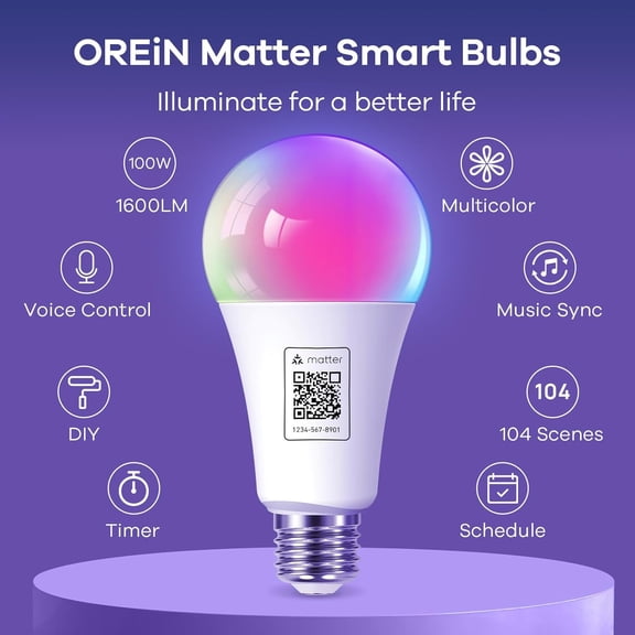 Matter Smart Light Bulb, 1600 Lumens 100W Equivalent Smart Light Bulbs, Color Changing Light Bulbs Work with Apple Home, Alexa, Google Home, SmartThings, A21 Smart Bulbs 2.4Ghz WiFi, 4Pack