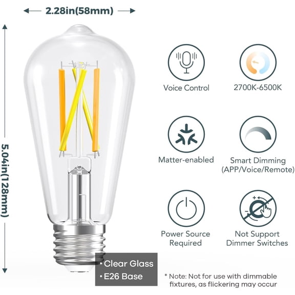 Matter Smart Light Bulb, ST19 (ST58) Smart Edison Bulbs, 2700K-6500K Warm White to Daylight E26 LED Bulb 8W 60W 800LM, Work with Alexa, Google/Apple Home, SmartThings, 2.4GHz WiFi, 4 Pack