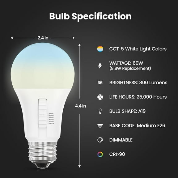 Matter Smart Light Bulb, Smart Bulbs Work with Apple Home, Siri, Alexa, Google Home, SmartThings, Color Changing Light Bulbs RGTBW Music Sync, Mood Lights, 2.4Ghz WiFi A19 E26 60W 800LM 3 Pack