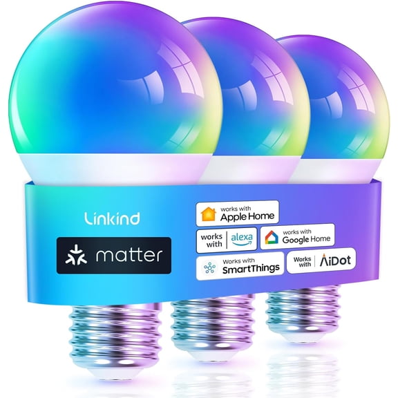 Matter Smart Light Bulb, Smart Bulbs Work with Apple Home, Siri, Alexa, Google Home, SmartThings, Color Changing Light Bulbs RGTBW Music Sync, Mood Lights, 2.4Ghz WiFi A19 E26 60W 800LM 3 Pack
