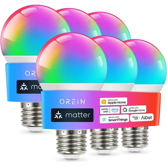 Matter Smart Light Bulb, Smart Light Bulbs Work with Apple Home, Alexa, Google Home, SmartThings, A19 Color Changing Light Bulbs 2.4Ghz WiFi, 800 Lumens Equivalent 60W 6Pack
