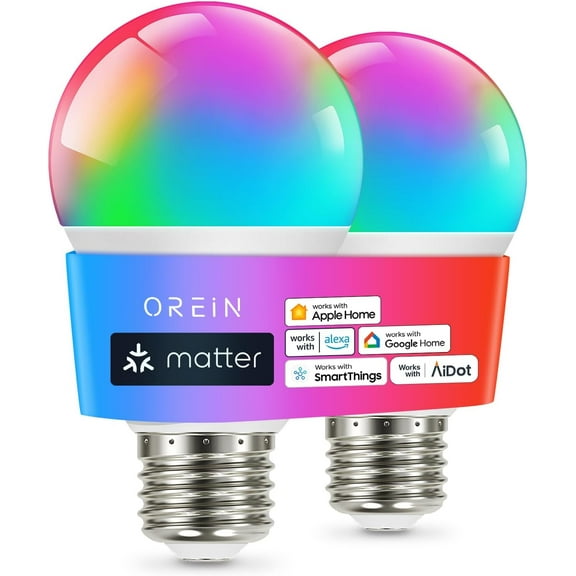 Matter Smart Light Bulb, Smart Light Bulbs Work with Apple Home, Alexa, Google Home, SmartThings, A19 Color Changing Light Bulbs 2.4Ghz WiFi, 800 Lumens Equivalent 60W 2Pack