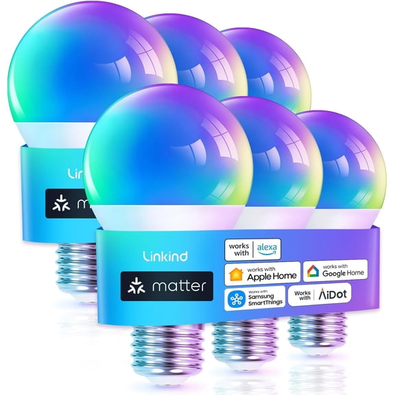 Matter Smart Light Bulb, WiFi Bulbs, Work with Home, Siri, Alexa, Google, SmartThings, RGBTW Color Changing Bulbs Mood Lighting, Music Sync, A19 E26 60W, 2.4Ghz 6 Pack