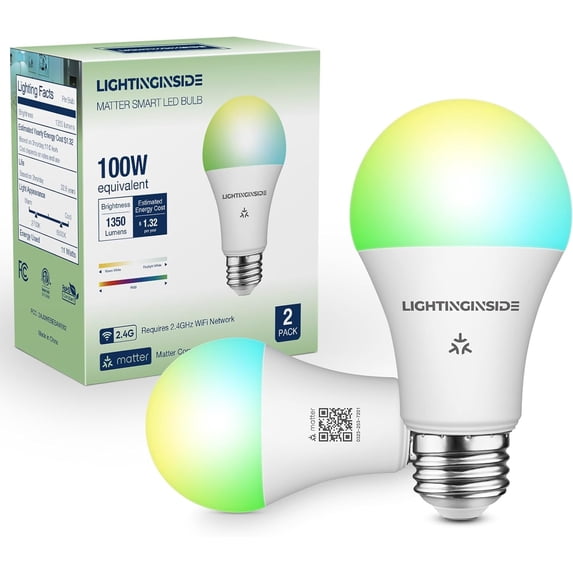 Matter Smart Light Bulbs 100W Equiv, Compatible with Alexa/Apple Home/Siri/Google Home/SmartThings, A19 E26 WiFi RGBCW Color Changing Light Bulb, 11W 1350LM, 2.4G WiFi, ETL Listed, 2PCS