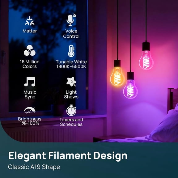 Matter Smart Light Bulbs, Compatible with Alexa/Apple Home/Google Home, A19 Smart Edison Bulb with Music Sync & Light Show, Warm&Daylight White(1800K-6500K), E26 LED 60W Eqv 850LM, 1Pack