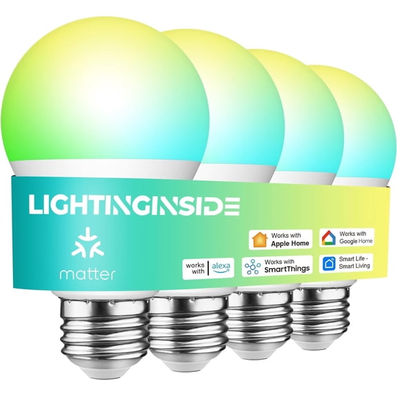 Matter Smart Light Bulbs Compatible with Alexa/Siri/Apple Home/Google Home/SmartThings, WiFi A19 E26 RGBCW Color Changing Light Bulb 800LM 9W 60W Equivalent, 2.4G WiFi, ETL Listed, 4PCS