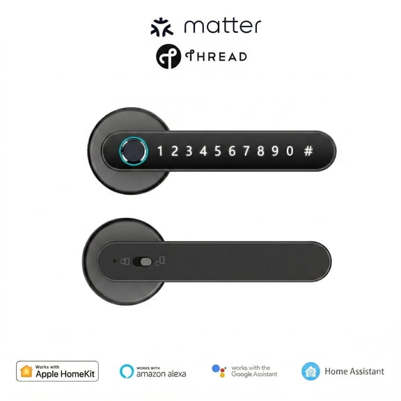 Matter Over Thread Smart Fingerprint Door Handle Lock,Keyless Entry Door Lock with Touchscreen Keypad,Works with Apple Homekit,Alexa,Google Home,Remote Access,Black(Thread Border Router Required)