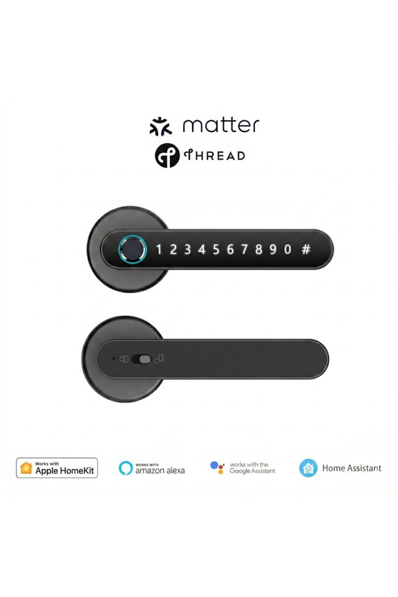 Matter Over Thread Smart Fingerprint Door Handle Lock,Keyless Entry Door Lock with Touchscreen Keypad,Works with Apple Homekit,Alexa,Google Home,Remote Access,Black(Thread Border Router Required)
