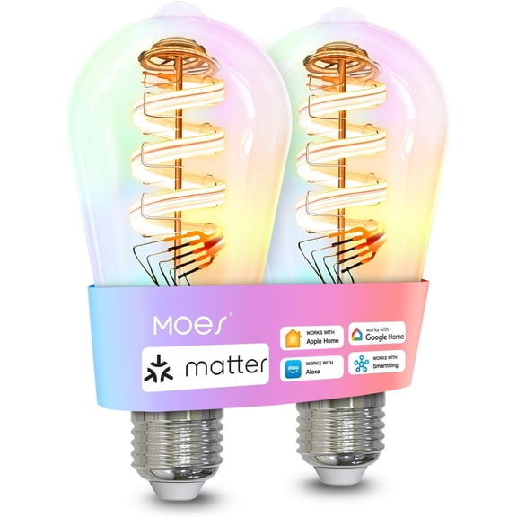 Matter WiFi ST64 Edison Smart Bulbs, Color Changing Light Bulb, 16 Million RGB Colors & Tunable White, Works with Apple Home, Alexa, Google Home, E26 Dimmable 5W (40W Equivalent), 2-Pack