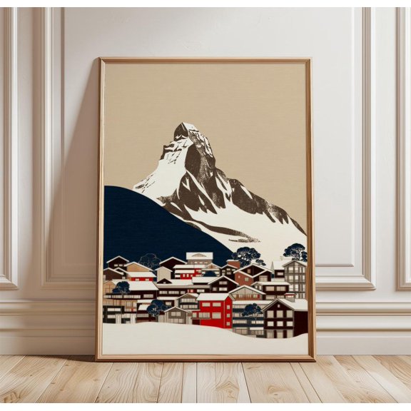 Matterhorn Mountain Zermatt Village Snow Scene Art Switzerland Alpine Landscape Print, Unframed Paper Print