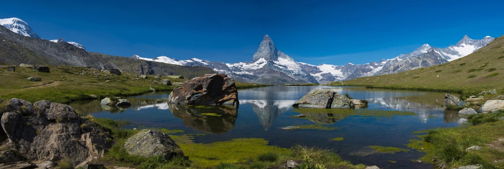 Matterhorn Mountain reflection in Lake Stellisee Switzerland Canvas Art - Panoramic Images (27 x 9)