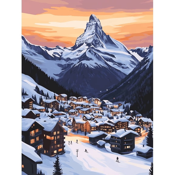Matterhorn Sunset Mountain Village Canvas Print/Wall Art Perfect for Living Room Bedroom Office Hotel and Ski Lodge Decor.