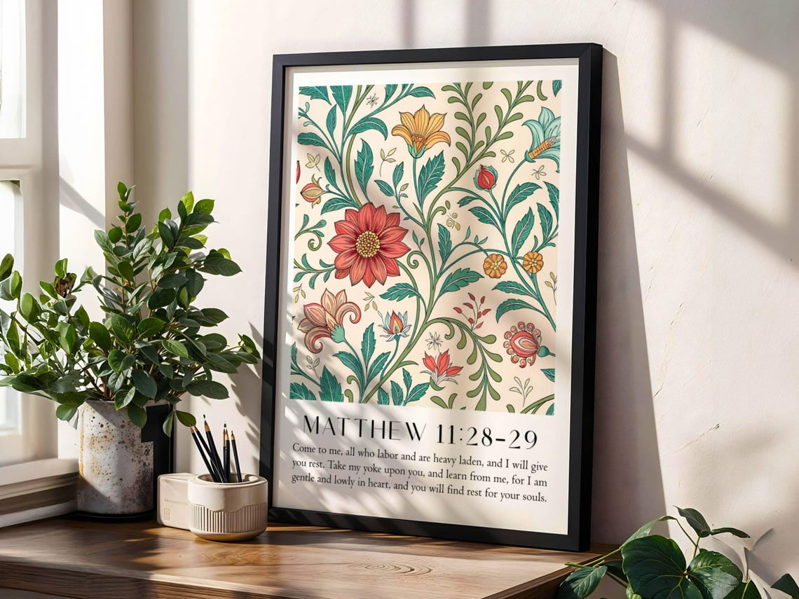 Matthew 11:28-29 Poster Floral Scripture Wall Art for Comforting and ...