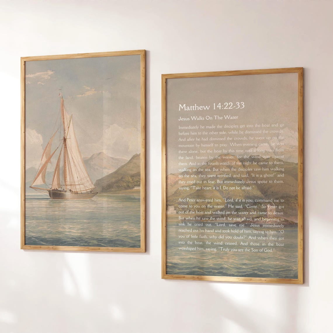 Matthew 14 Sailboat Print Vintage Christian Wall Art Set 2 Unframed ...