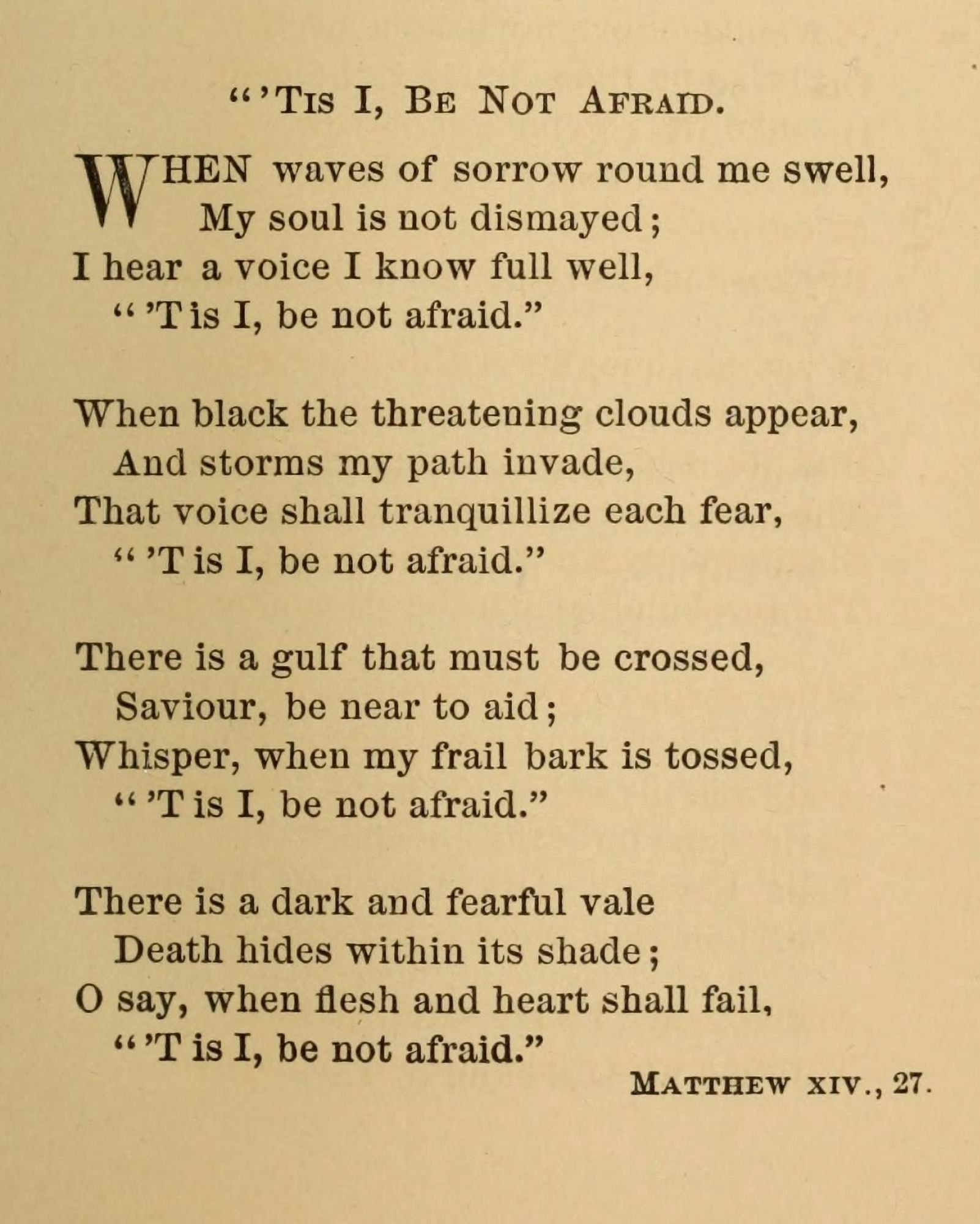 Matthew 1427 Rock of Ages Poetry 1870 Tis I be not afraid Canvas Art - (24 x 36)