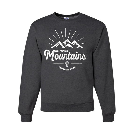Matthew 17:20 He Moves Mountains | Mens Christian Crewneck Graphic Sweatshirt, Heather Black, Medium