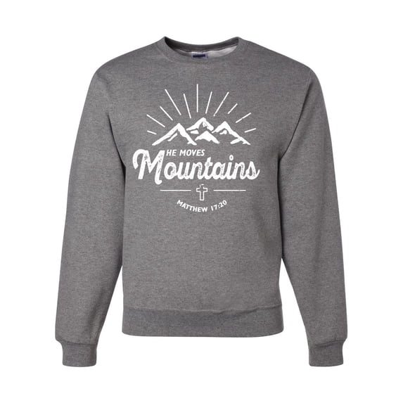 Matthew 17:20 He Moves Mountains | Mens Christian Crewneck Graphic Sweatshirt, Heather Grey, 3XL