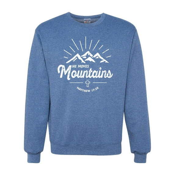 Matthew 17:20 He Moves Mountains | Mens Christian Crewneck Graphic Sweatshirt, Vintage Heather Blue, Large
