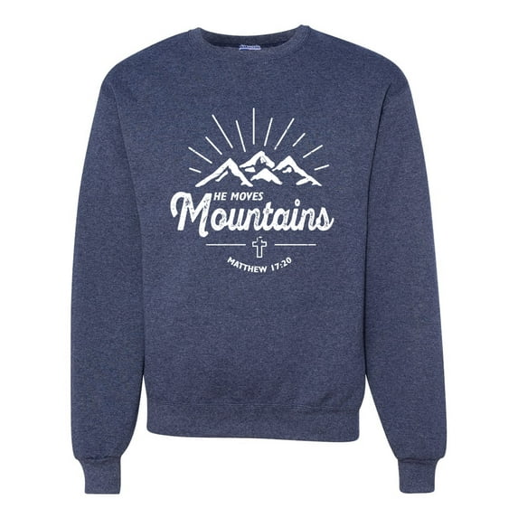 Matthew 17:20 He Moves Mountains | Mens Christian Crewneck Graphic Sweatshirt, Vintage Heather Navy, X-Large
