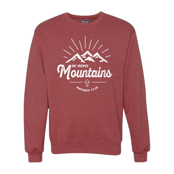 Matthew 17:20 He Moves Mountains | Mens Christian Crewneck Graphic Sweatshirt, Vintage Heather Red, 2XL