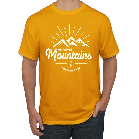 Matthew 17:20 He Moves Mountains | Mens Christian Graphic T-Shirt, Gold, 2XL