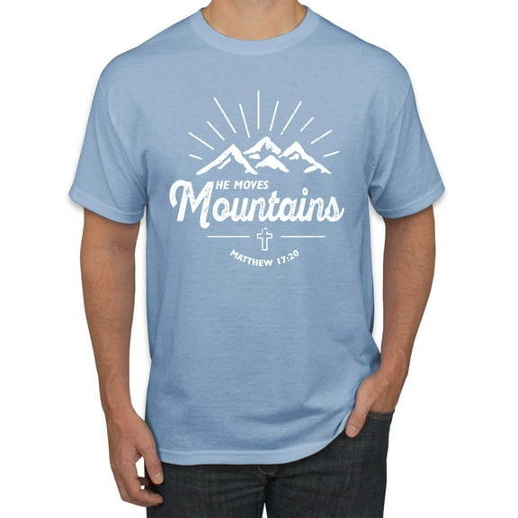 Matthew 17:20 He Moves Mountains | Mens Christian Graphic T-Shirt, Light Blue, Large