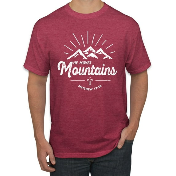 Matthew 17:20 He Moves Mountains | Mens Christian Graphic T-Shirt, Vintage Heather Red, X-Large