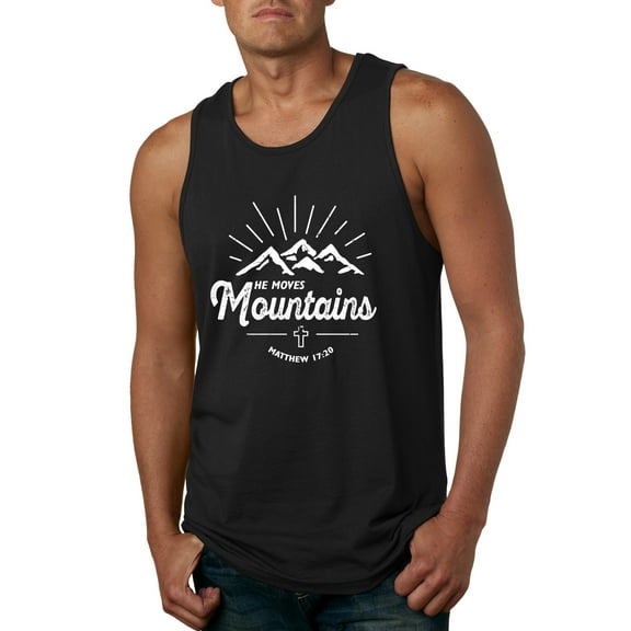 Matthew 17:20 He Moves Mountains | Mens Christian Graphic Tank Top, Black, Small