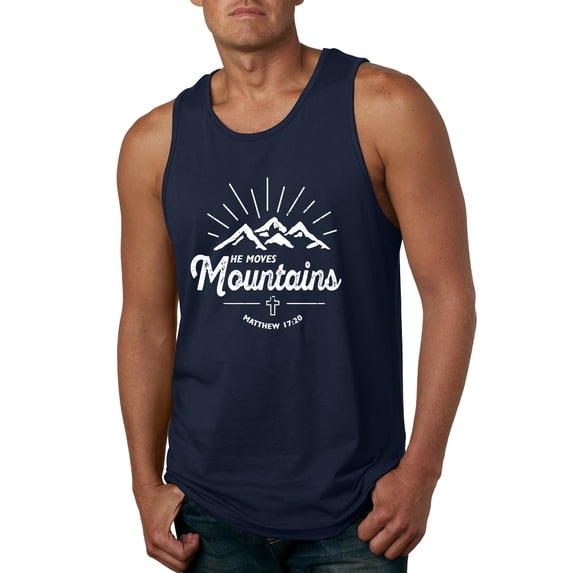 Matthew 17:20 He Moves Mountains | Mens Christian Graphic Tank Top, Navy, Small