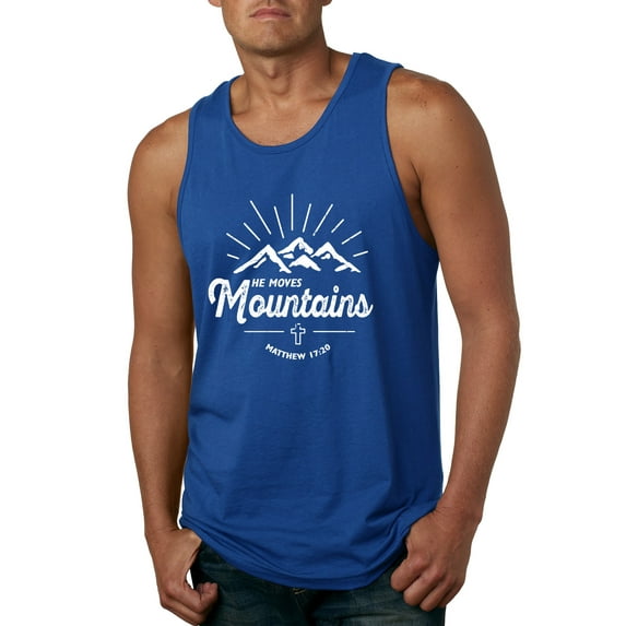 Matthew 17:20 He Moves Mountains | Mens Christian Graphic Tank Top, Royal, Large