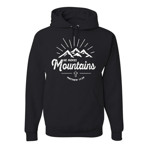 Matthew 17:20 He Moves Mountains | Mens Christian Hooded Sweatshirt Graphic Hoodie, Black, Small