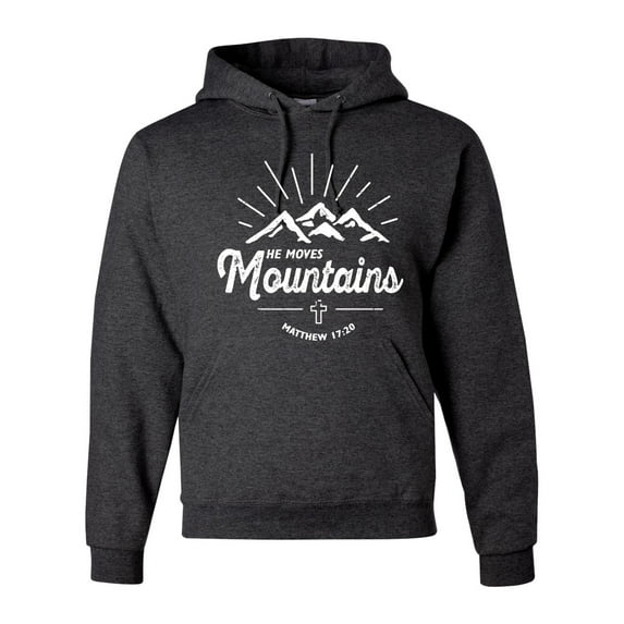 Matthew 17:20 He Moves Mountains | Mens Christian Hooded Sweatshirt Graphic Hoodie, Heather Black, X-Large