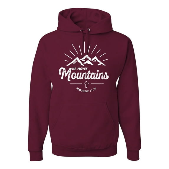 Matthew 17:20 He Moves Mountains | Mens Christian Hooded Sweatshirt Graphic Hoodie, Maroon, Small