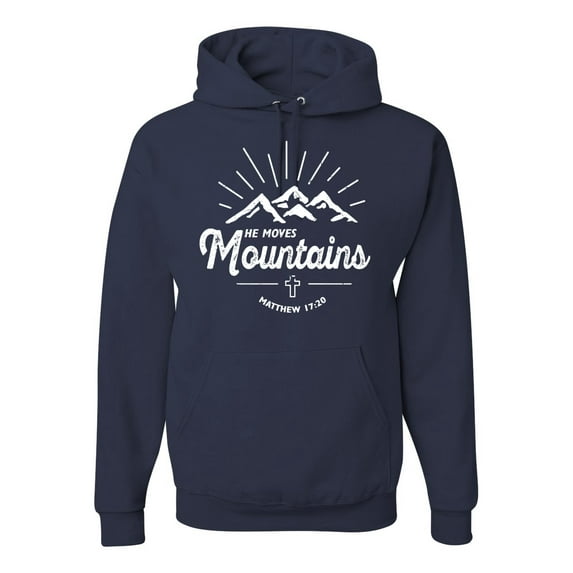Matthew 17:20 He Moves Mountains | Mens Christian Hooded Sweatshirt Graphic Hoodie, Navy, 2XL
