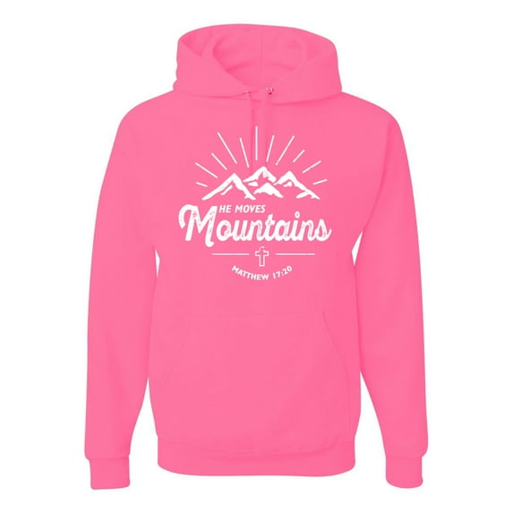 Matthew 17:20 He Moves Mountains | Mens Christian Hooded Sweatshirt Graphic Hoodie, Neon Pink, Medium