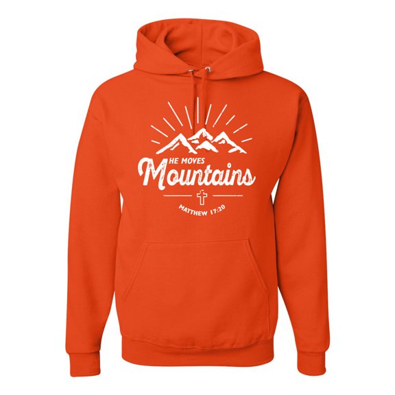 Matthew 17:20 He Moves Mountains | Mens Christian Hooded Sweatshirt Graphic Hoodie, Orange, X-Large