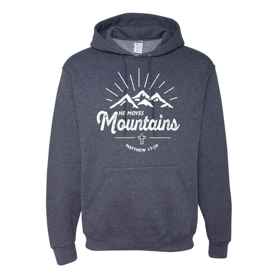 Matthew 17:20 He Moves Mountains | Mens Christian Hooded Sweatshirt Graphic Hoodie, Vintage Heather Navy, Small