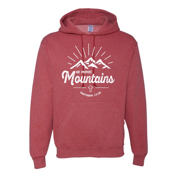 Matthew 17:20 He Moves Mountains | Mens Christian Hooded Sweatshirt Graphic Hoodie, Vintage Heather Red, 3XL
