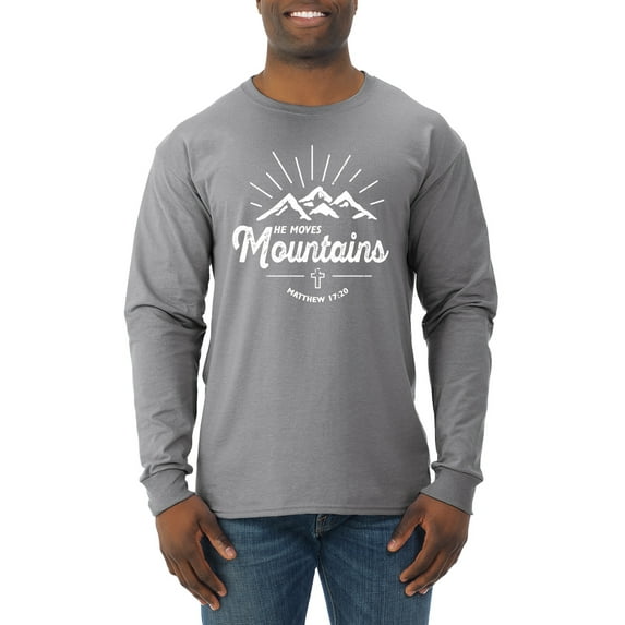 Matthew 17:20 He Moves Mountains | Mens Christian Long Sleeve T-Shirt, Heather Grey, Medium