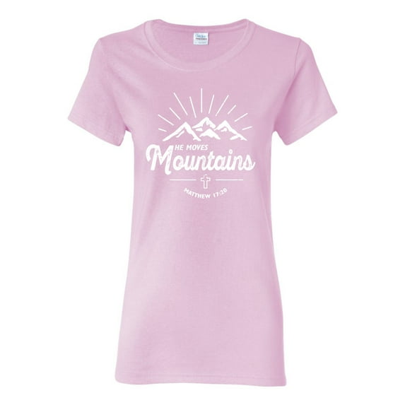 Matthew 17:20 He Moves Mountains | Womens Christian Graphic T-Shirt, Light Pink, X-Large