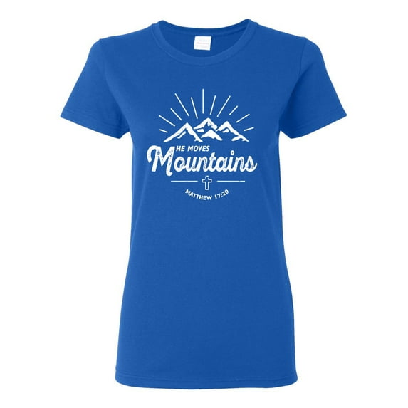 Matthew 17:20 He Moves Mountains | Womens Christian Graphic T-Shirt, Royal, 2XL