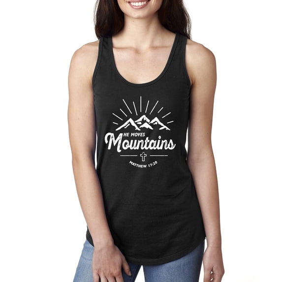 Matthew 17:20 He Moves Mountains | Womens Christian Jersey Racerback Tank Top, Black, X-Large