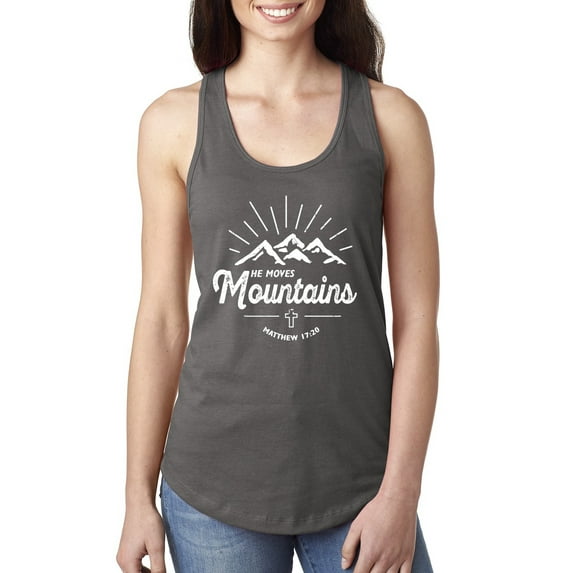 Matthew 17:20 He Moves Mountains | Womens Christian Jersey Racerback Tank Top, Dark Grey, Large