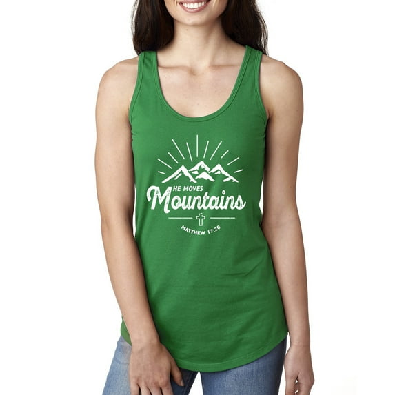 Matthew 17:20 He Moves Mountains | Womens Christian Jersey Racerback Tank Top, Kelly, X-Large