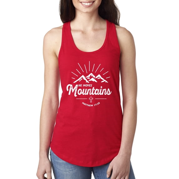 Matthew 17:20 He Moves Mountains | Womens Christian Jersey Racerback Tank Top, Red, X-Large